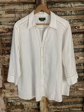 Eddie Bauer 100% Linen White Eyelet Trim Button Front Blouse, Boho, Coastal XXL